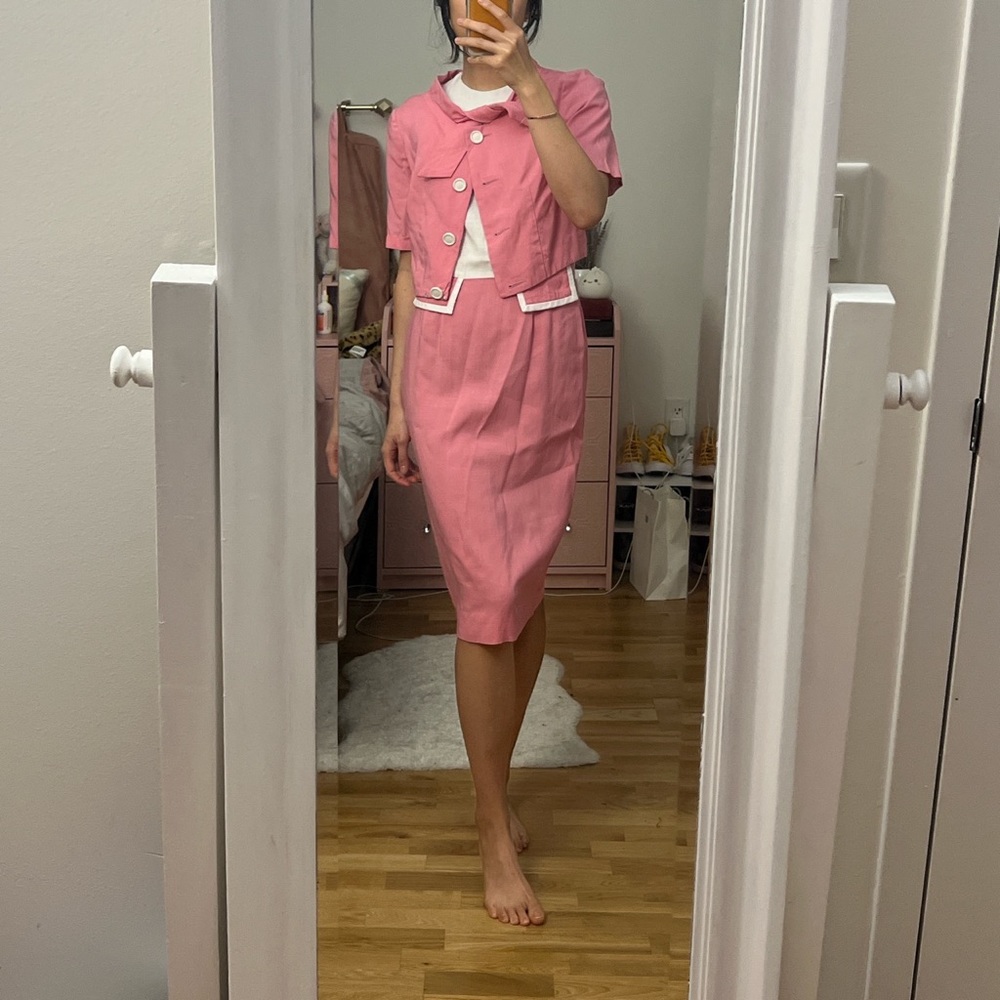 Vintage color block 2 piece shift dress pink and white set